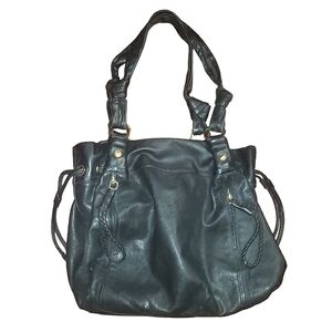 B Makowsky Genuine Leather Black Hobo Tote Shoulder Bag Purse Green Interior